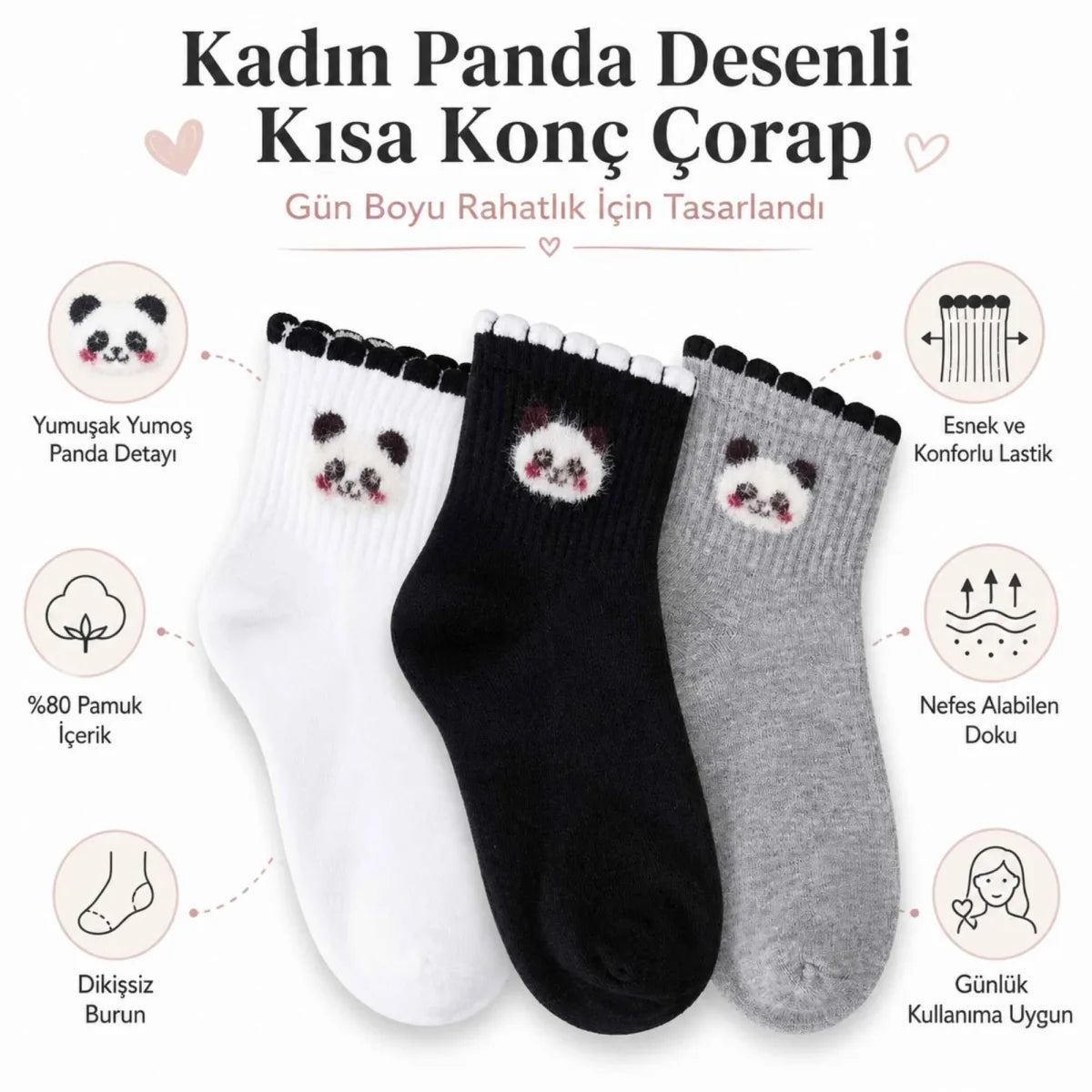 Kadın Panda Desenli Kısa Konç Çorap 3'lü Paket, %80 Pamuklu Dikişsiz Burun, Nefes Alan Yumuşak Bilek Çorabı, Siyah Beyaz Gri