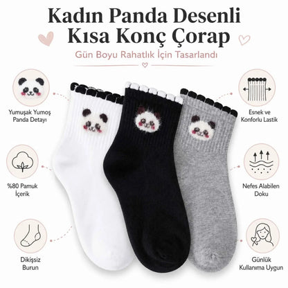 Kadın Panda Desenli Kısa Konç Çorap 3'lü Paket, %80 Pamuklu Dikişsiz Burun, Nefes Alan Yumuşak Bilek Çorabı, Siyah Beyaz Gri