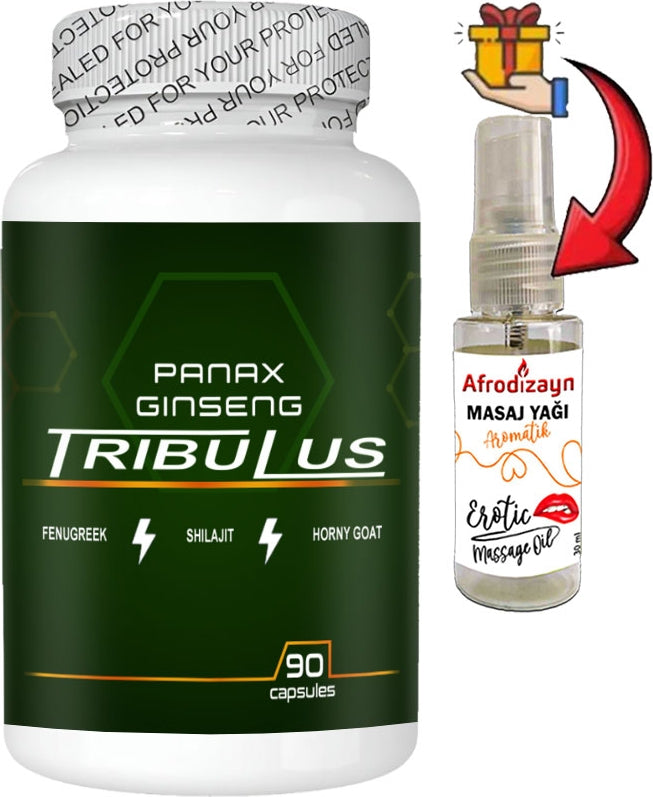 Panax 1 Kutu Panax Ginseng Tribuluslu Fenugreekli Shilajitli Hornygoatlı 90 Lı Erkeklere Özel Kapsüller + Afrodizayn Masaj Yağı 30 ml