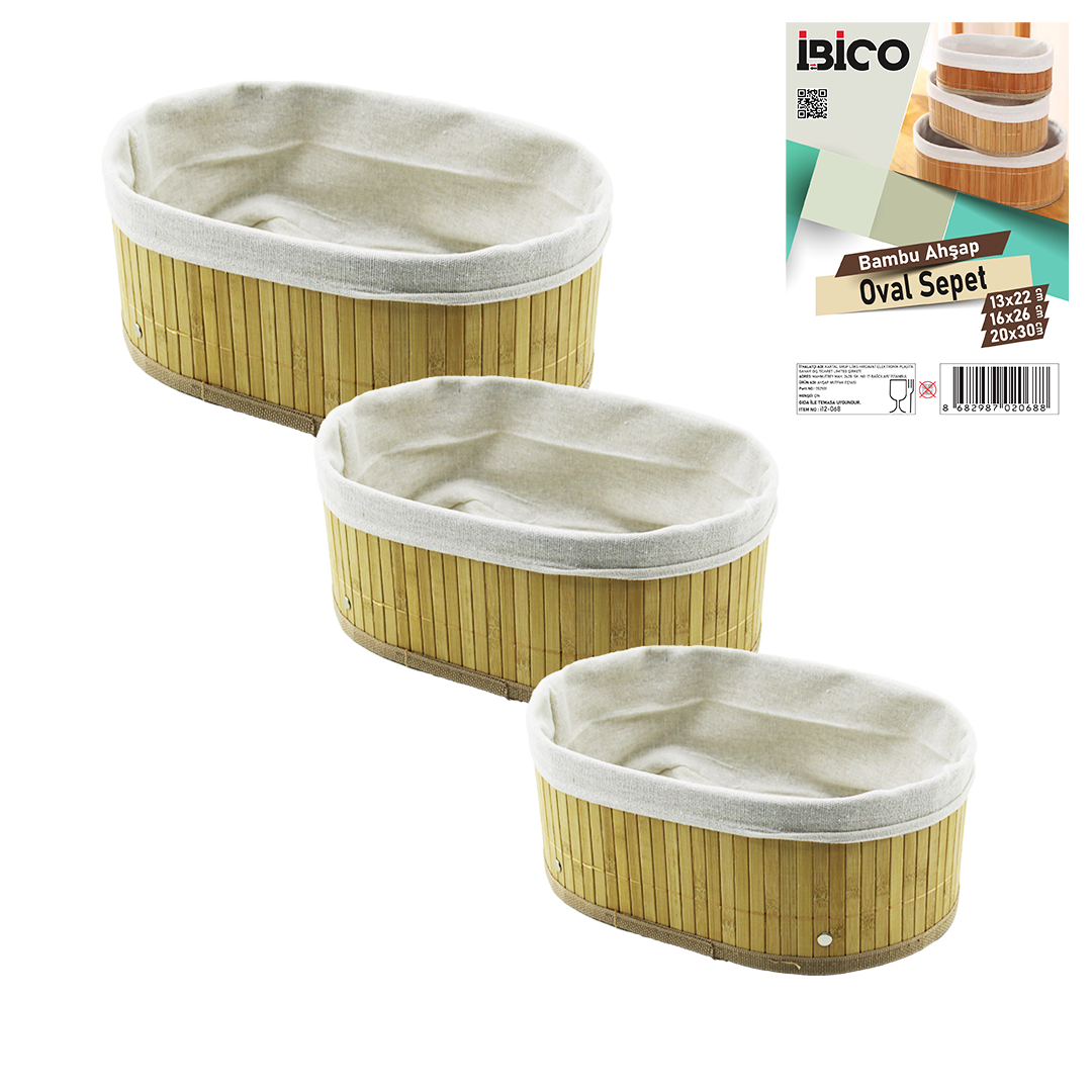 3 Boy Oval Organizer Sepet - Bambu Kenarlı, Ahşap Tabanlı, Bezli