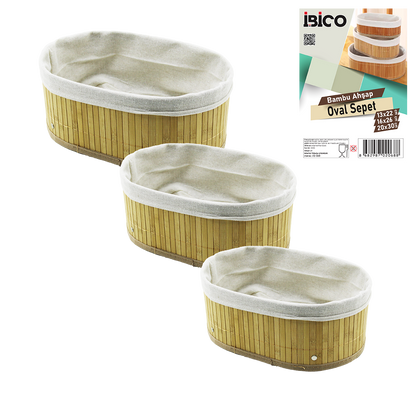 3 Boy Oval Organizer Sepet - Bambu Kenarlı, Ahşap Tabanlı, Bezli