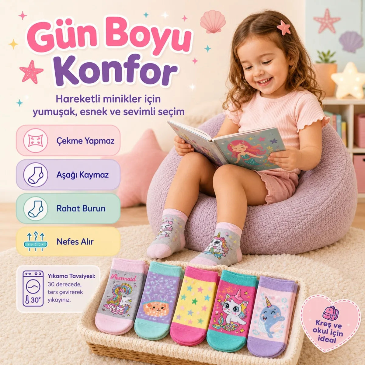 5'li Kız Çocuk Çorap Seti Deniz Kızı Unicorn Desenli Pamuklu Rahat Burunlu Renkli