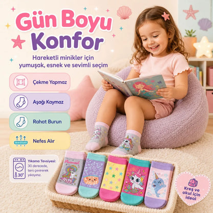 5'li Kız Çocuk Çorap Seti Deniz Kızı Unicorn Desenli Pamuklu Rahat Burunlu Renkli