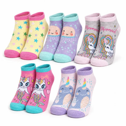 5'li Kız Çocuk Çorap Seti Deniz Kızı Unicorn Desenli Pamuklu Rahat Burunlu Renkli