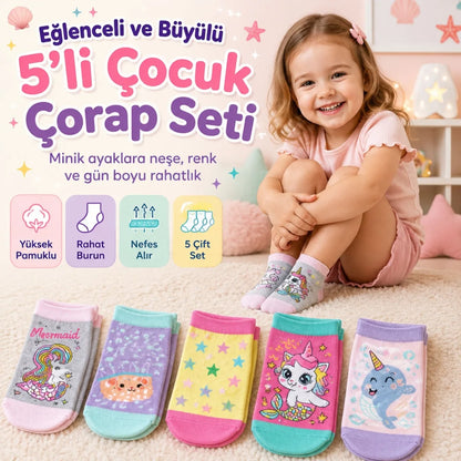 5'li Kız Çocuk Çorap Seti Deniz Kızı Unicorn Desenli Pamuklu Rahat Burunlu Renkli