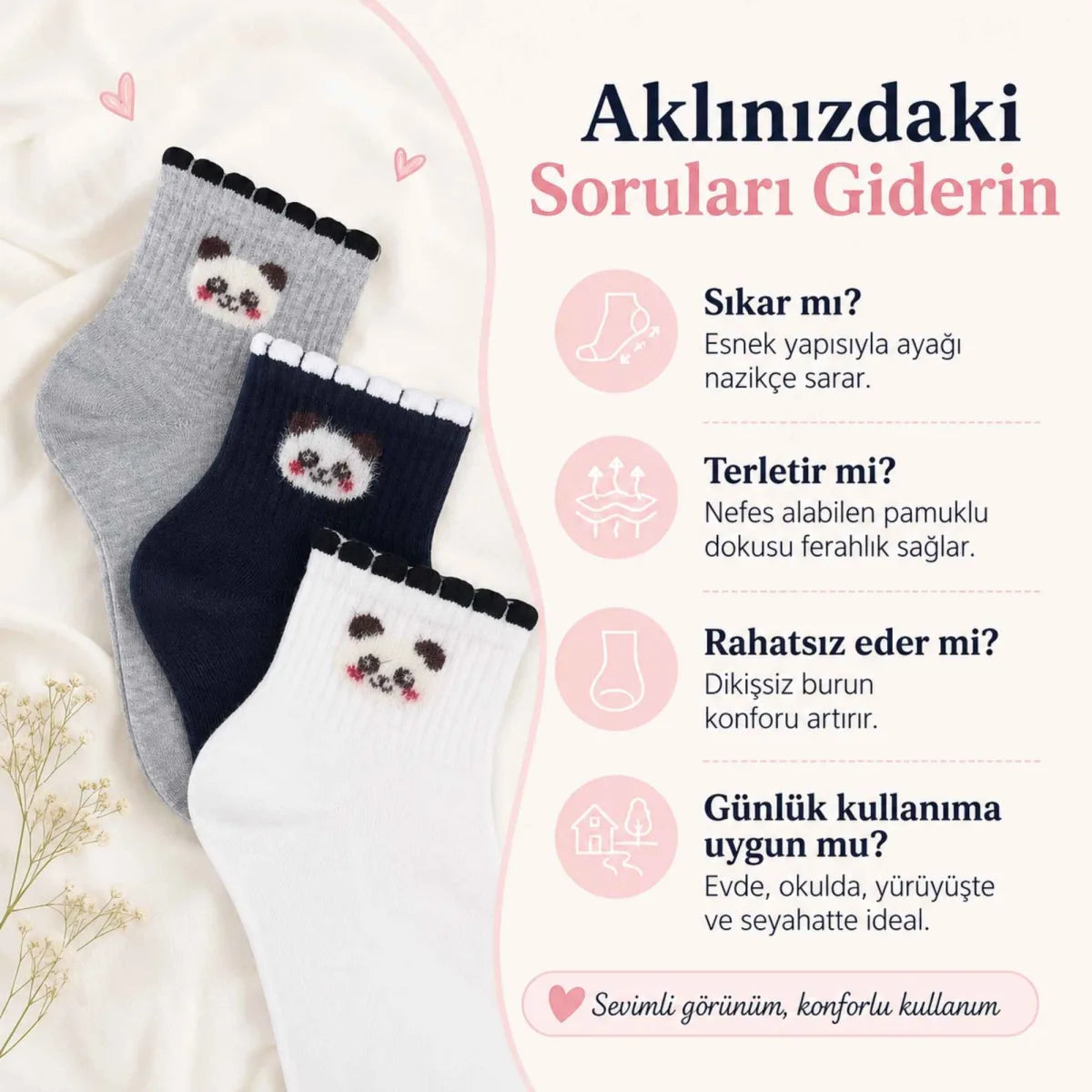 Kadın Panda Desenli Kısa Konç Çorap 3'lü Paket, %80 Pamuklu Dikişsiz Burun, Nefes Alan Yumuşak Bilek Çorabı, Siyah Beyaz Gri