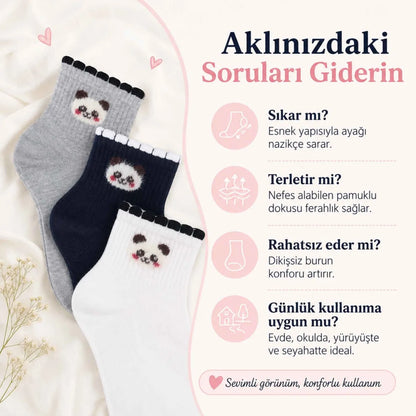 Kadın Panda Desenli Kısa Konç Çorap 3'lü Paket, %80 Pamuklu Dikişsiz Burun, Nefes Alan Yumuşak Bilek Çorabı, Siyah Beyaz Gri