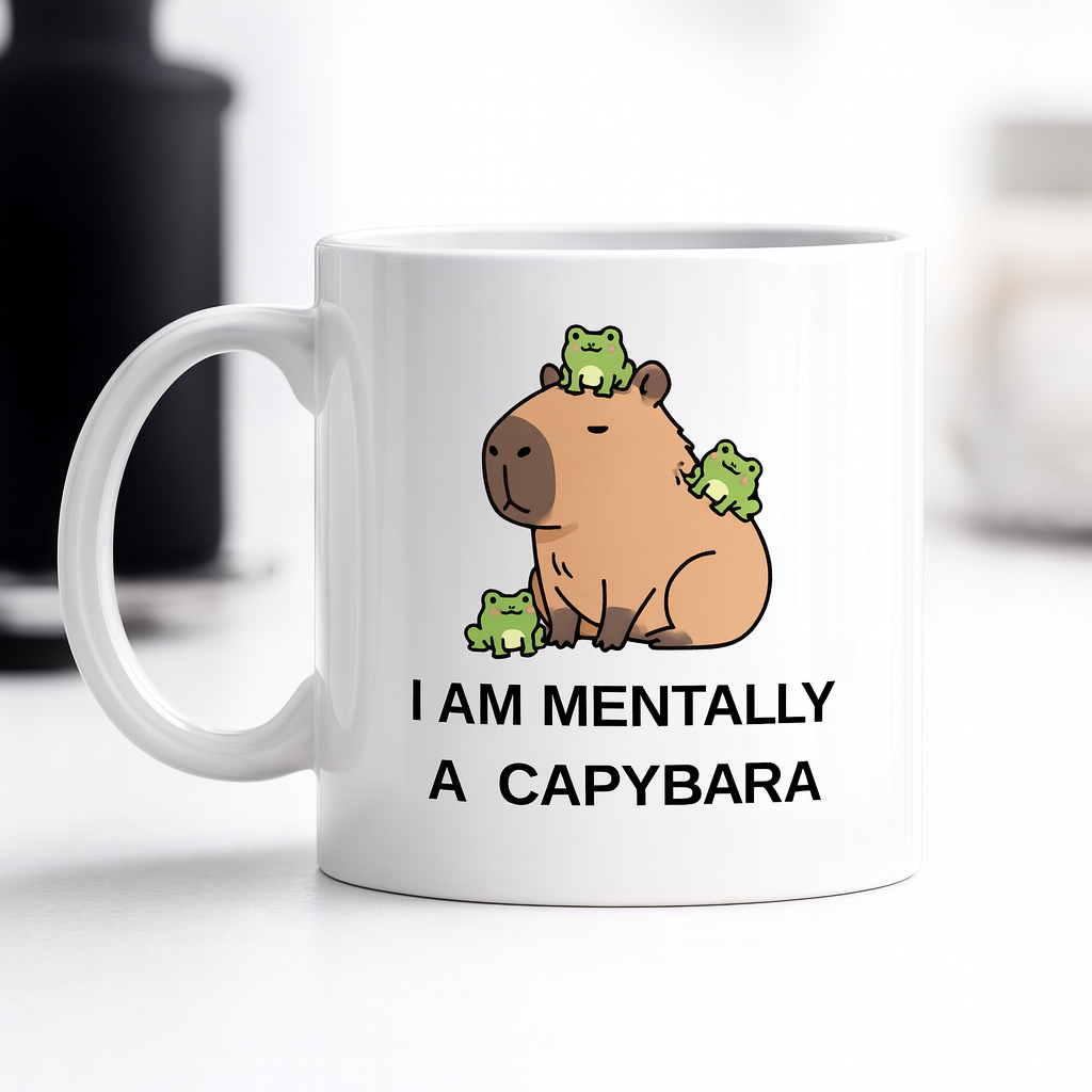 I Am Mentally A Capybara Yazılı Kapibara Tasarımlı Kupa Model 214 Baskılı Seramik Kahve Kupası