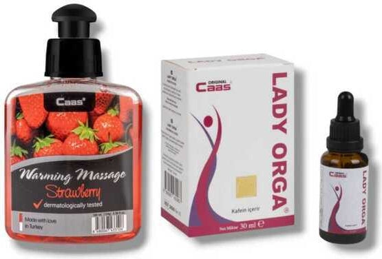Caas Çilek Aromalı Isıtıcılı Cinsel Masaj Yağı 100 ml + Lady Orga Kadınlara Özel Damla