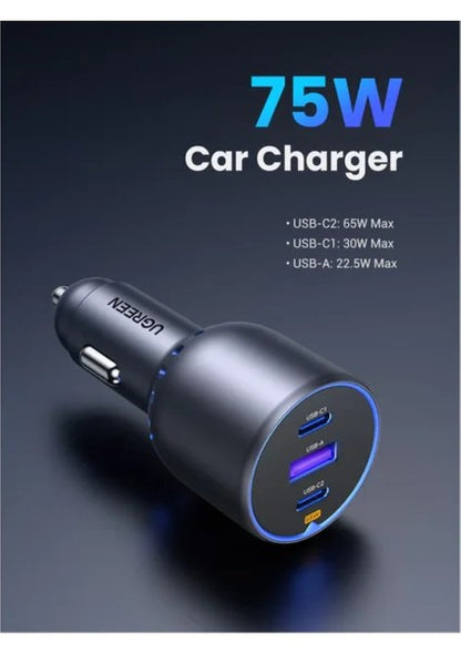 Araç İçi 75W 3 Portlu Şarj Cihazı, Çakmaklık Adaptörü