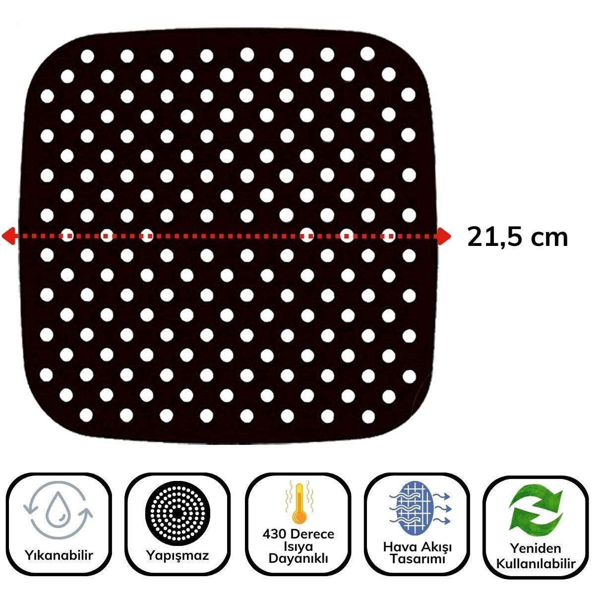BUFFER® Siyah Isıya Dayanıklı Yıkanılabilir Silikon Fırın Ve Airfryer Kare Model Pişirme Matı 21,5 Cm