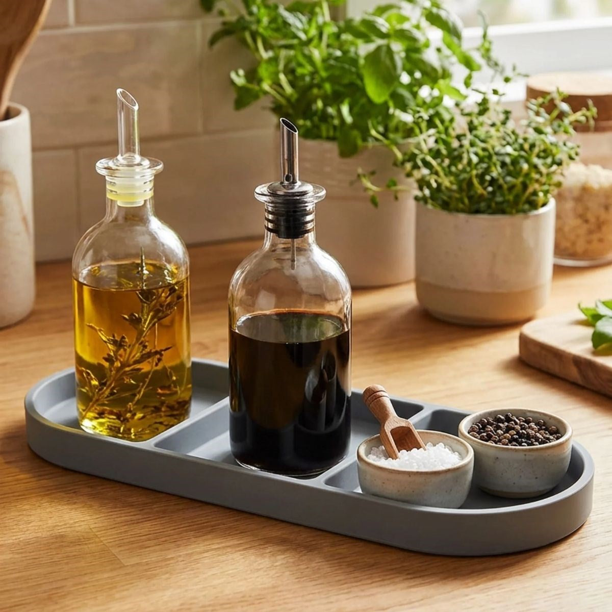 BUFFER® Çok Amaçlı 3 Bölmeli Gri Silikon Altlık – Yağdanlık ve Sunum Organizeri
