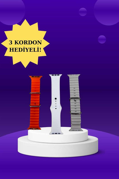 Akıllı Saat Arama Görüşme Bildirim Görme Uyku ve Sağlık Takibi Nabız Ölçer 3 Kordon Hediyeli