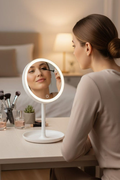 BUFFER® LED Işıklı Yuvarlak Makyaj Aynası – Dokunmatik Ayarlanabilir Işık Tonlu, 360° Döner Masaüstü Profesyonel Makyaj ve Cilt Bakım Aynası