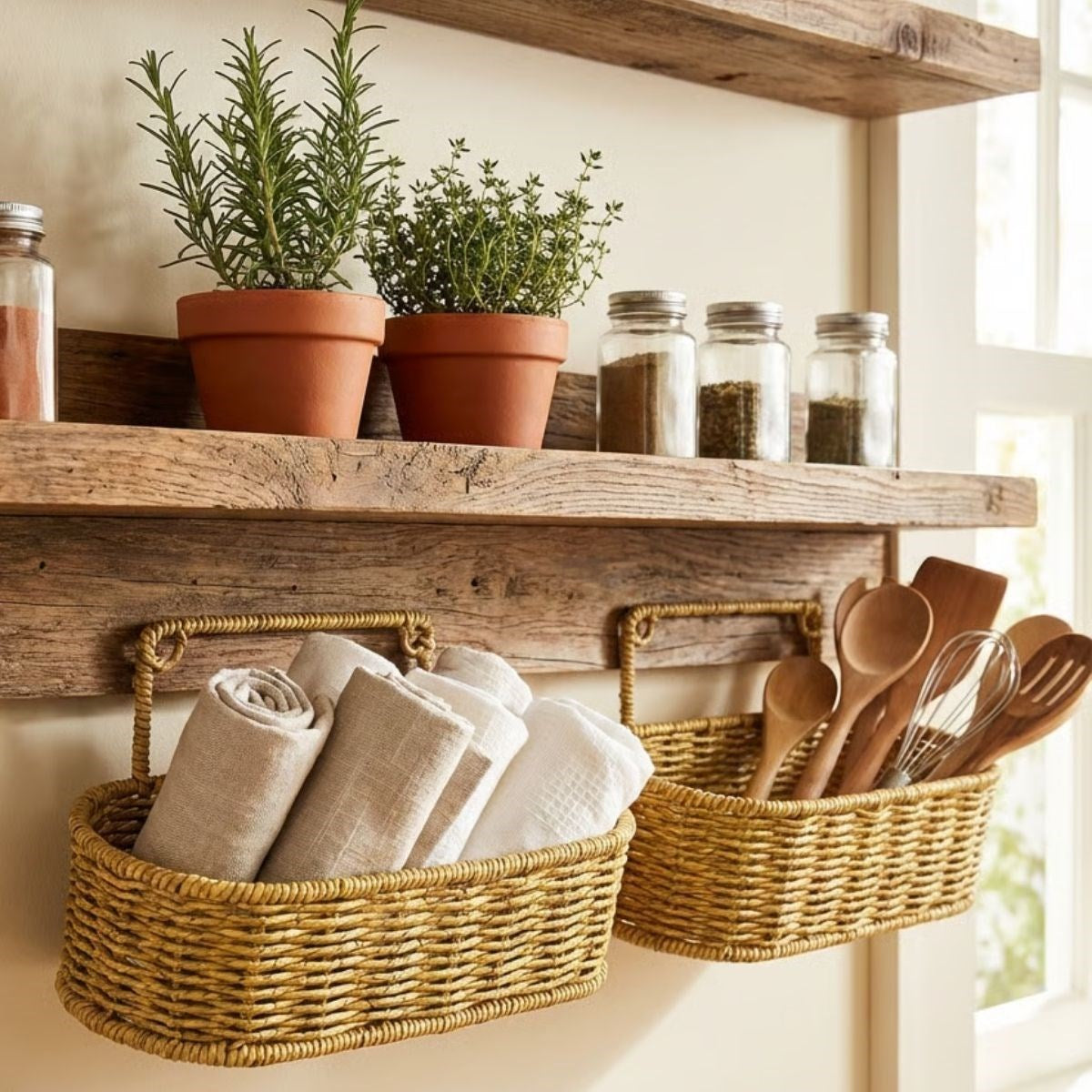 BUFFER® 2’li Duvar Askılı Plastik Rattan Organizer – Oval Hasır Görünümlü Mutfak Raf Sepeti, Banyo ve Ev İçi Düzenleme Ünitesi