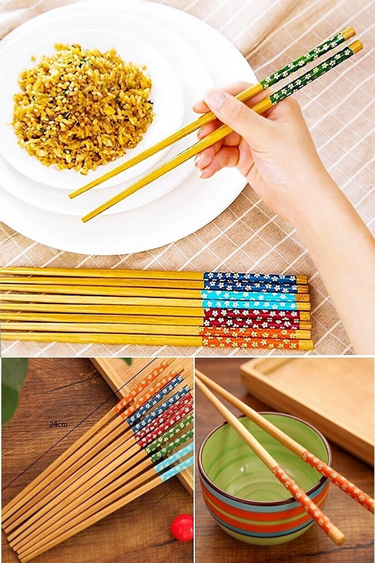 Bambu Chopstick Çubuk Yemek Çubuğu Yıkanabilir Tekrar Kullanılabilir (3 Çift- 6 Adet)
