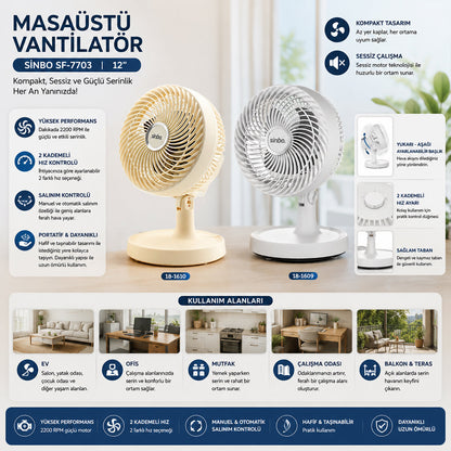 BEYAZ 12 INC EV - OFİS KOMPAKT - SESSİZ - İKİ KADEME MASAÜSTÜ VANTİLATÖR SF-7703 (5643)