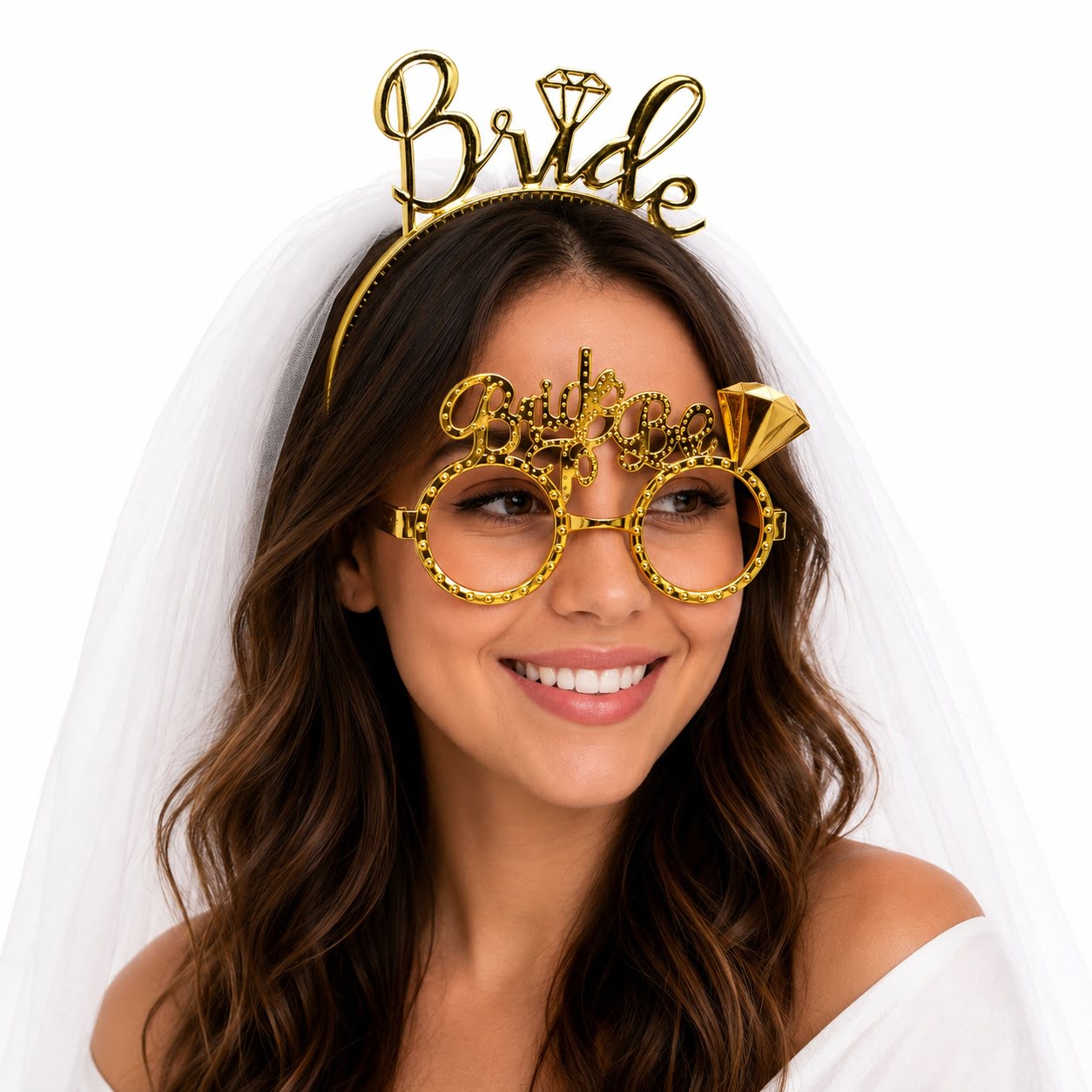 Bride Yazılı Gold Taç ve Parti Gözlüğü Seti (5643)
