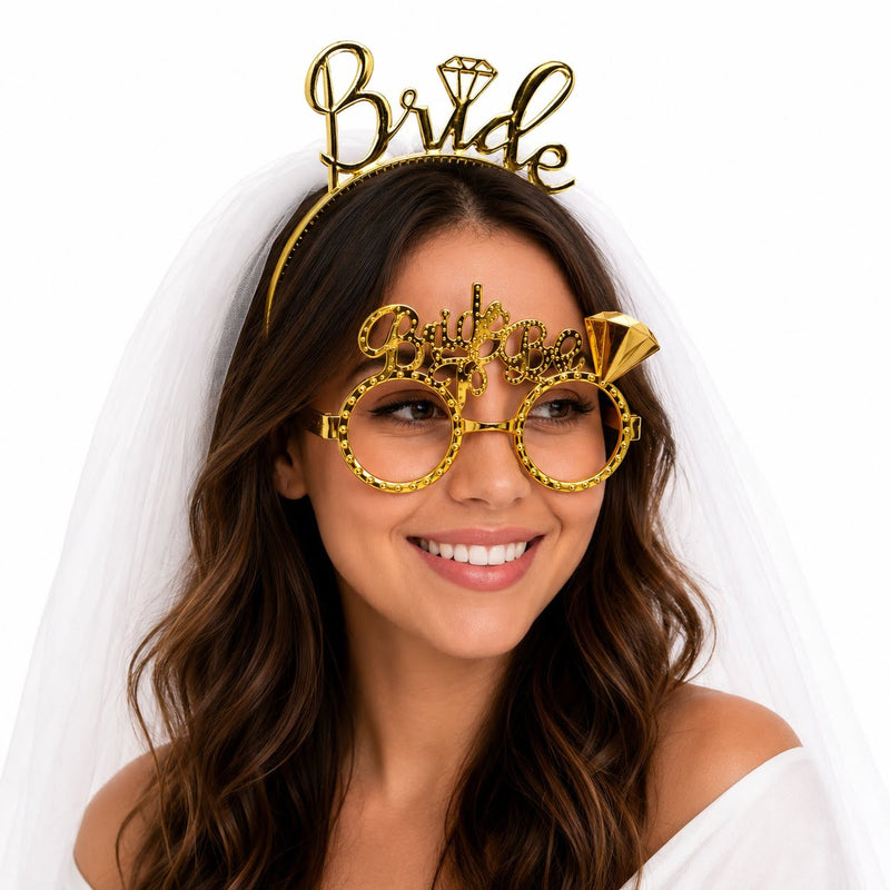 Bride Yazılı Gold Taç ve Parti Gözlüğü Seti (5643)