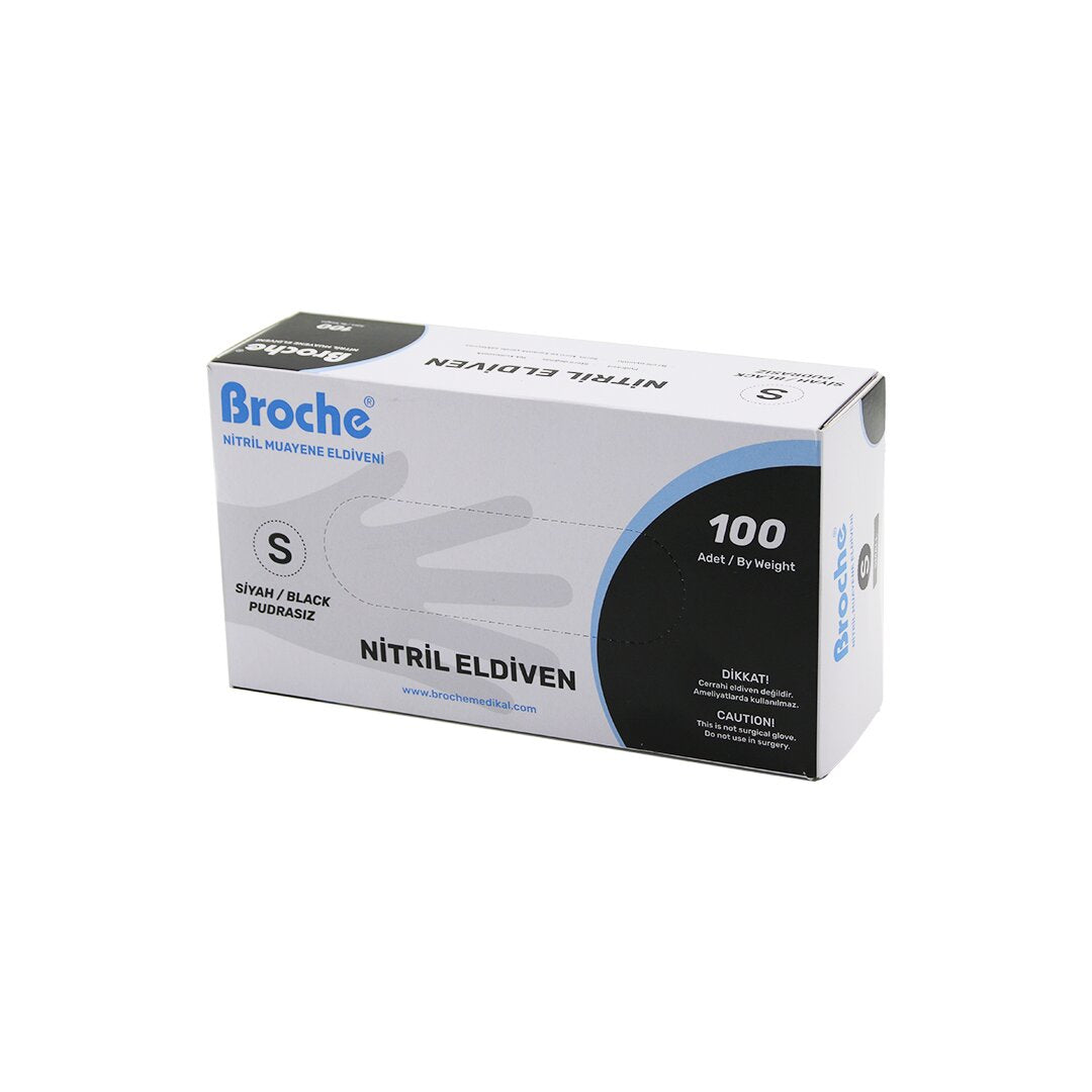 Broch S Beden Siyah Pudrasız Nitril Muayene Eldiveni 100LÜ