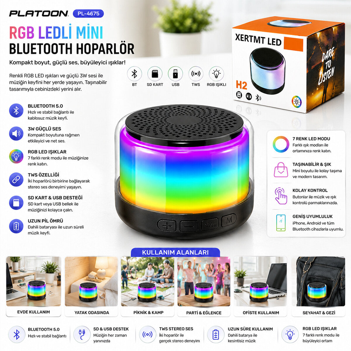 Bt - Sd - Usb Şarjlı Rgb Işıklı Bluetooth Wireless Speaker Hoparlör 3W PL-4675