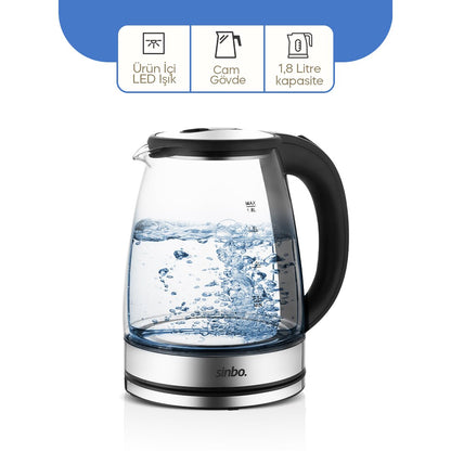 Cam - Ledli Kettle 1.8LT Gizli Rezistans - Kablosuz 360 Derece Gövde 1500W SK-8033
