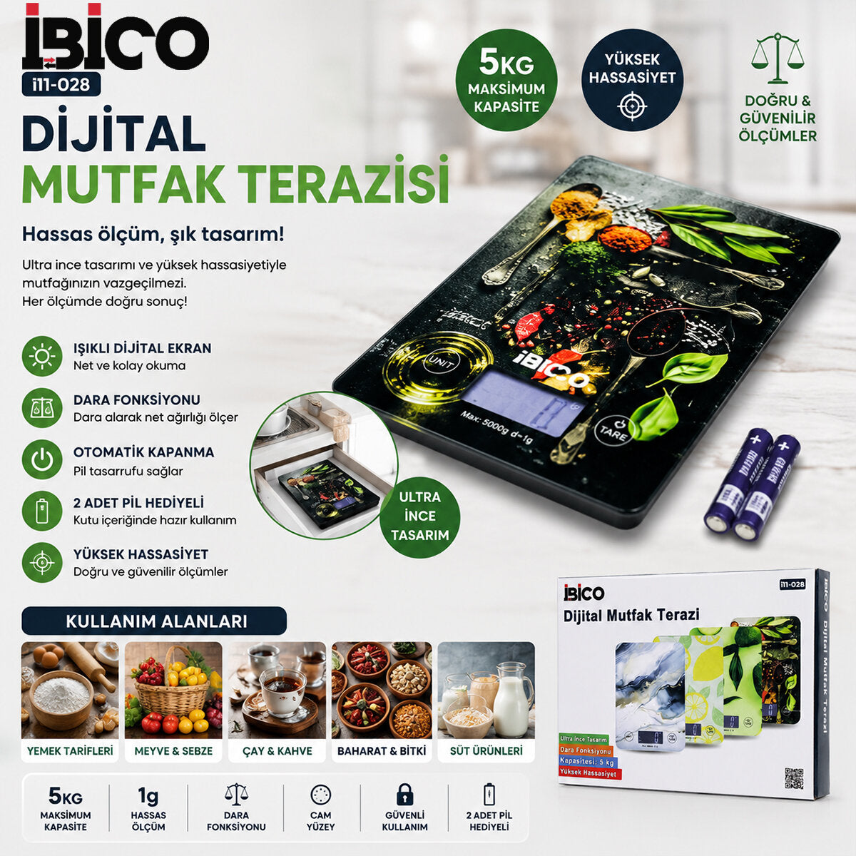 CAM MUTFAK TARTISI TERAZİ LCD EKRAN 5KG/1GR PİLLİ GR/OZ/ML/IB ÖLÇÜM İ11-028 (5643)