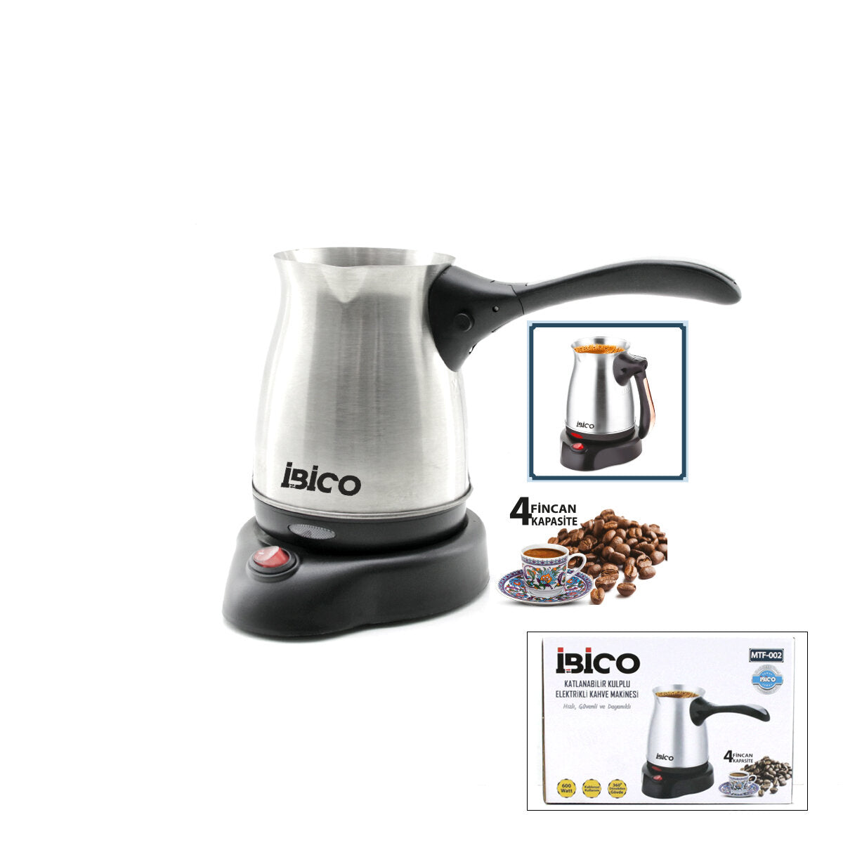ÇELİK ELEKTRİKLİ CEZVE TÜRK KAHVE MAKİNESİ - 4FİNCAN=400ML KABLOSUZ KULLANIM- 360°DÖNER 600W MTF-002 (5643)