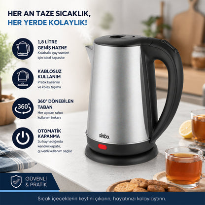 ÇELİK KETTLE SU ISITICISI KABLOSUZ KULLANIM 1.8LT 360 DERECE DÖNEBİLME OTOMATİK KAPANMA SK-8026 (5643)