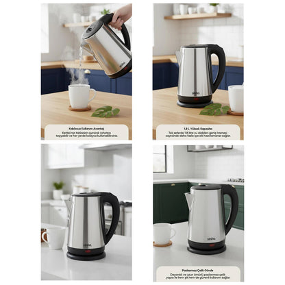 ÇELİK KETTLE SU ISITICISI KABLOSUZ KULLANIM 1.8LT 360 DERECE DÖNEBİLME OTOMATİK KAPANMA SK-8026 (5643)