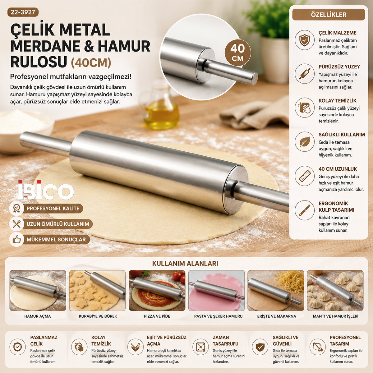 ÇELİK METAL MERDANE - HAMUR RULOSU 40CM (5643)