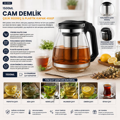 ÇELİK SÜZGEÇLİ CAM DEMLİK 1500ML (5643)