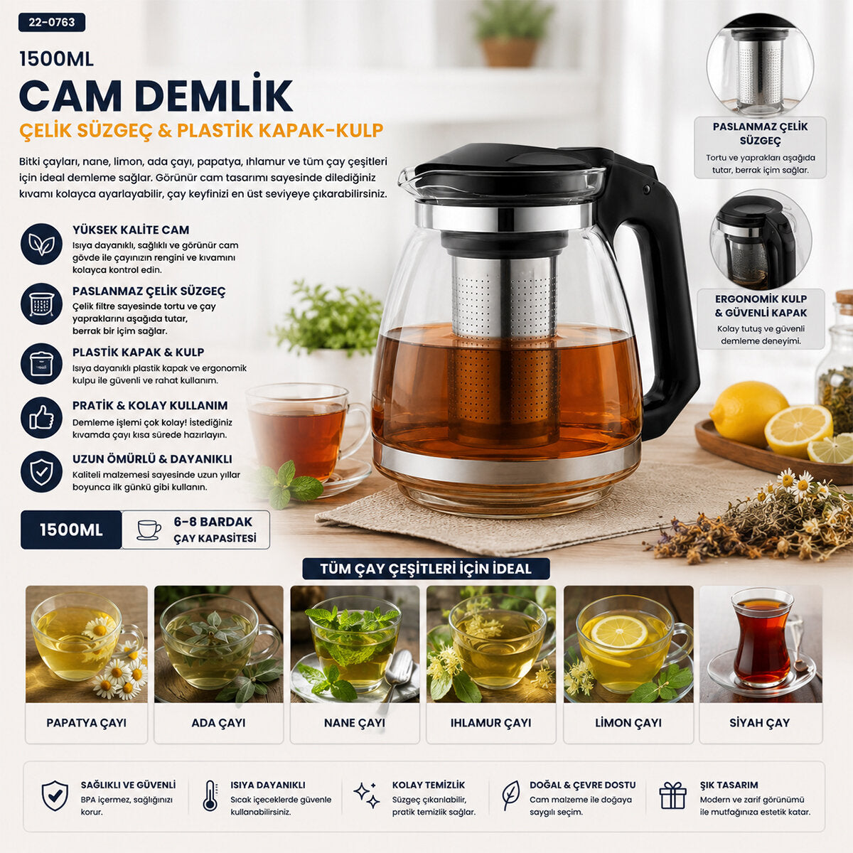 Çelik Süzgeçli Cam Demlik 1500ML