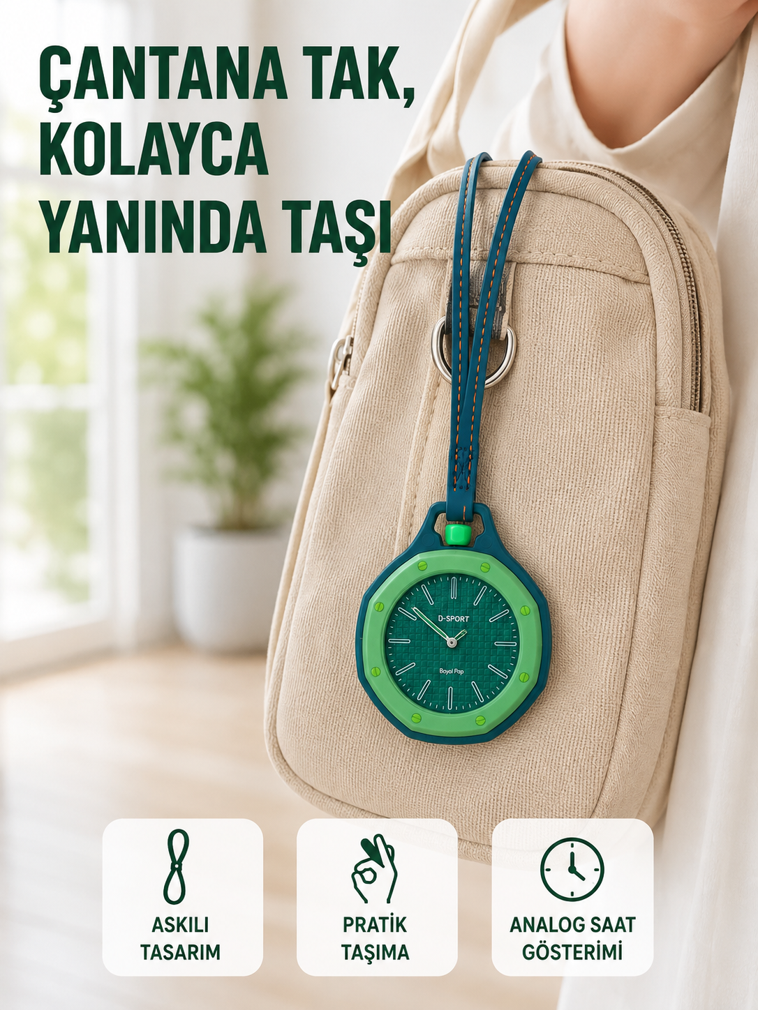 Askılı Analog Saat Pantolon Kemer ve Çanta Aksesuarı Yeşil