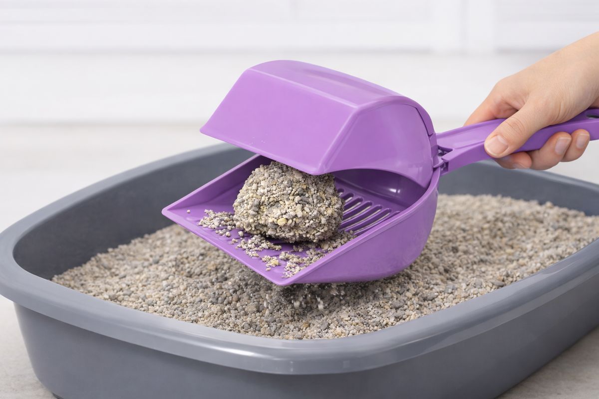 Kapaklı Kedi Kumu Küreği Elekli – Ergonomik Saplı Dalı Plastik Kum Temizleme Küreği 26 cm