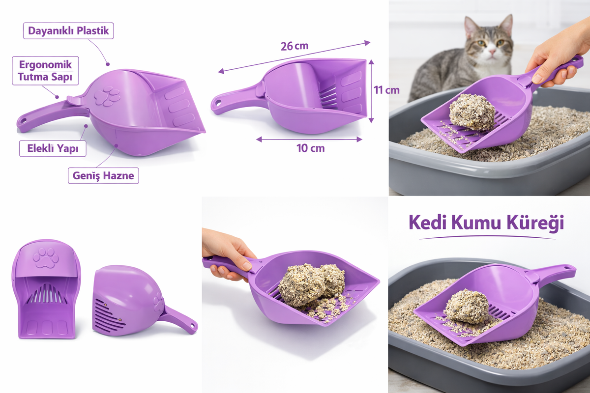 Kapaklı Kedi Kumu Küreği Elekli – Ergonomik Saplı Dalı Plastik Kum Temizleme Küreği 26 cm