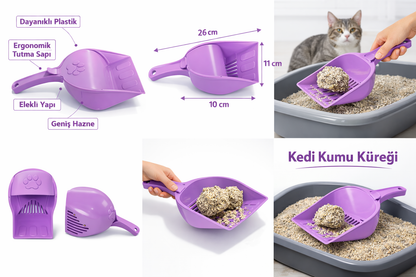 Kapaklı Kedi Kumu Küreği Elekli – Ergonomik Saplı Dalı Plastik Kum Temizleme Küreği 26 cm