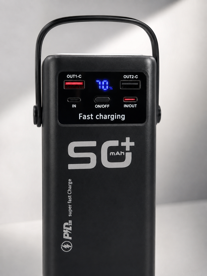 LED Aydınlatmalı Powerbank 50.000 mAh 22,5 W Hızlı Şarj 4 Dahili Kablolu Dijital Pil Göstergeli Batarya