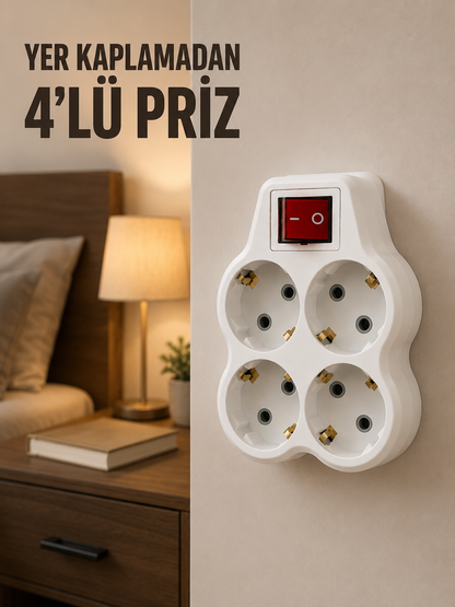 4’lü Priz Çoğaltıcı Açma Kapama Anahtarlı Kablosuz Duvar Tipi Priz Adaptörü