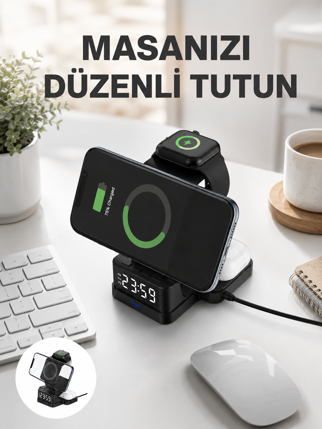 Kablosuz Şarjlı Dijital Masa Saati – 3 Parlaklık Seviyeli LED, Hızlı Şarj Yeni Nesil