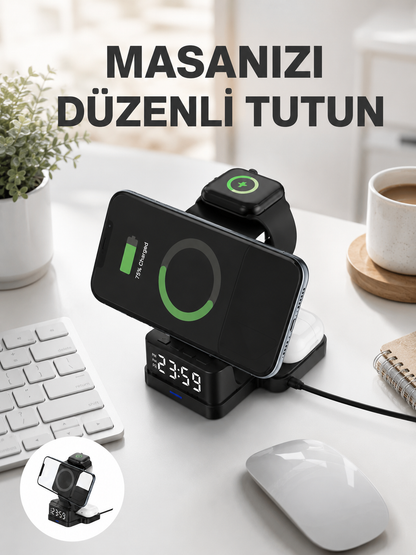 Kablosuz Şarjlı Dijital Masa Saati – 3 Parlaklık Seviyeli LED, Hızlı Şarj Yeni Nesil