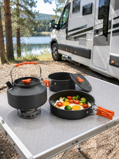 Alüminyum Kamp Pişirme Seti Katlanabilir Kulplu Çaydanlık Tencere Tava Outdoor Yemek Seti