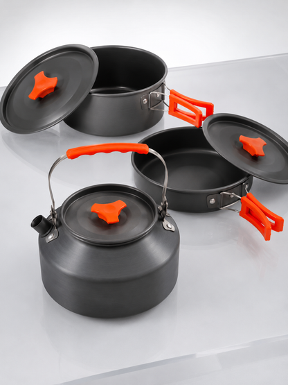 Kompakt Kamp Yemek Seti Alüminyum Tencere Tava Çaydanlık Taşıma Fileli Outdoor Set