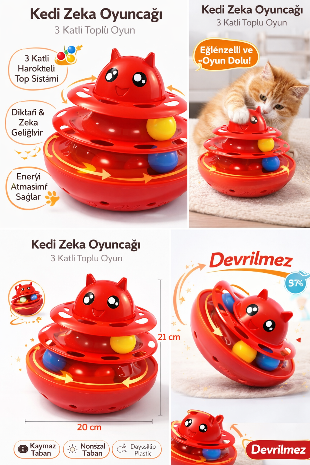 Hacıyatmaz Kedi Oyuncağı 3 Katlı Toplu Zeka Oyuncağı 20x21 cm – Devrilmez Interaktif Oyuncağı