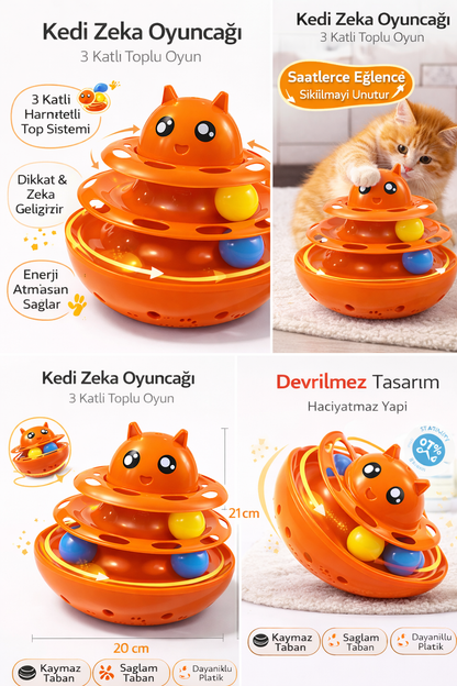 Hacıyatmaz Kedi Oyuncağı 3 Katlı Toplu Zeka Oyuncağı 20x21 cm – Devrilmez Interaktif Oyuncağı
