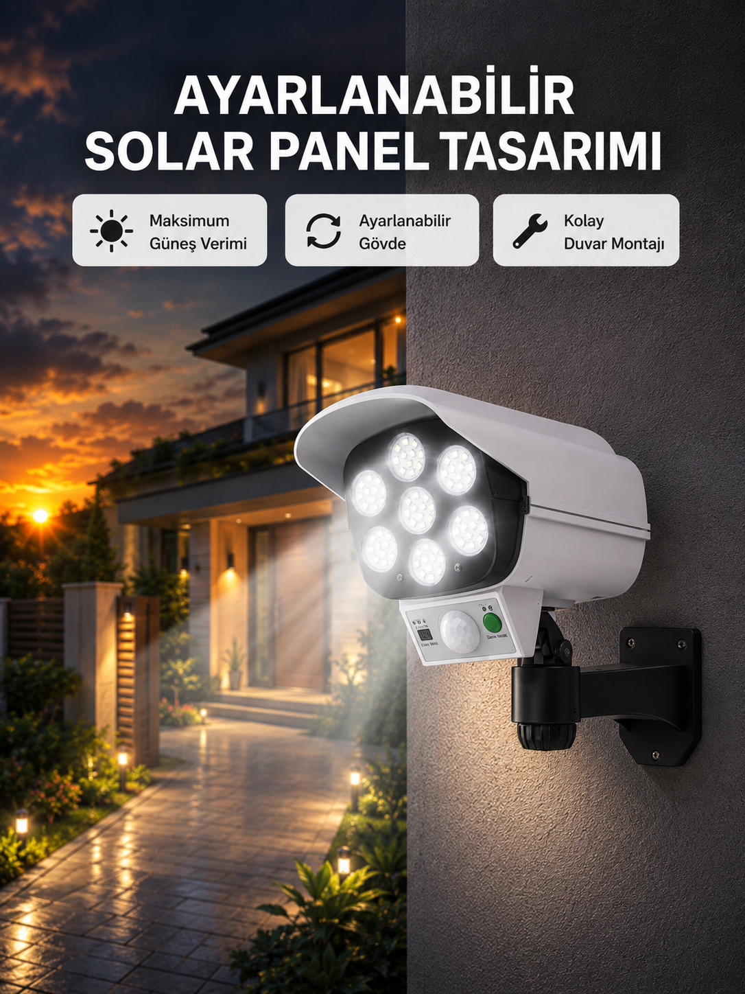 PVC+PC Malzemeli, 2'si 1 Arada Güvenlik Lambası – Ayarlanabilir Başlık ve Panel Açısı