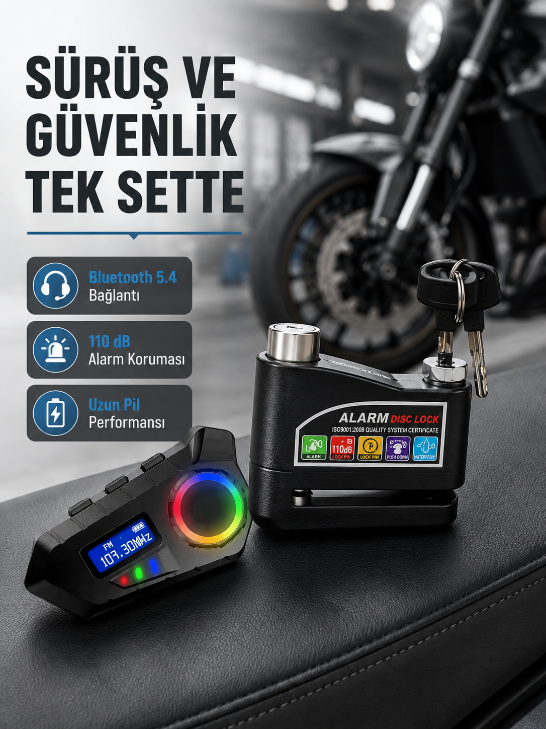 Bluetooth 5.4 İntercom ve Alarmlı Disk Kilidi Seti Güçlü Ses ve Güvenlik