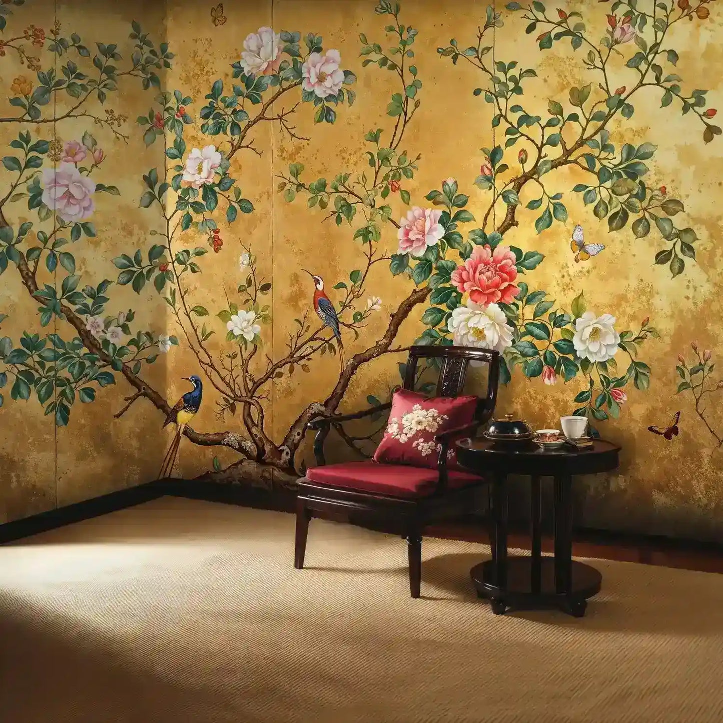 Gilded Chinoiserie Birds and Peonies Wall Mural