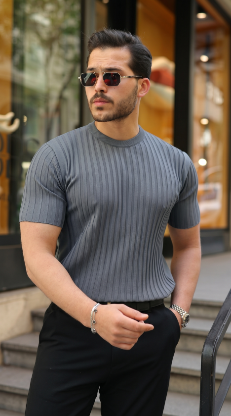 Erkek Fitilli Bisiklet Yaka Kısa Kollu Tişört - Antrasit / 2XL