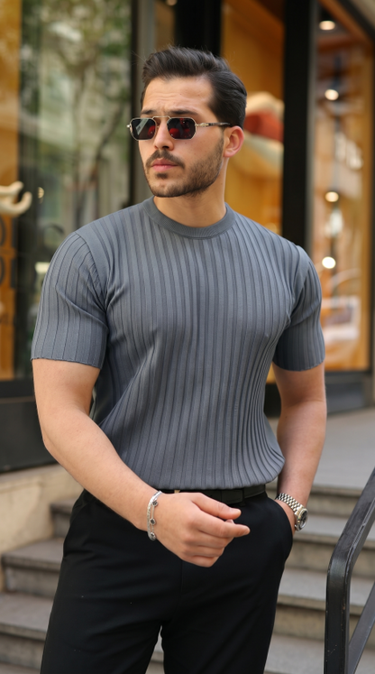Erkek Fitilli Bisiklet Yaka Kısa Kollu Tişört - Antrasit / 2XL